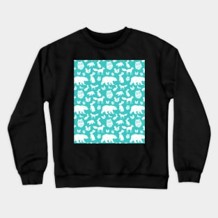 Turquoise Teal Blue Forest Animals Pattern Fox Bear Owl Crewneck Sweatshirt